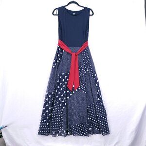Kate and Lily Navy Blue Maxi Dress Sleeveless Polka dot Patchwork with Red Tie